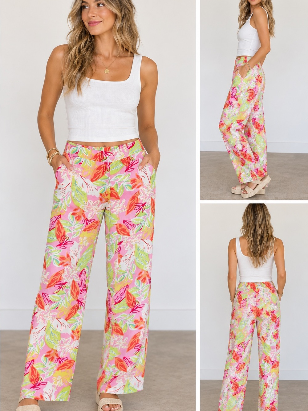 Sincerly Jules Linen Blend Pink Multicolor Floral Wide Leg Pants Size Large
